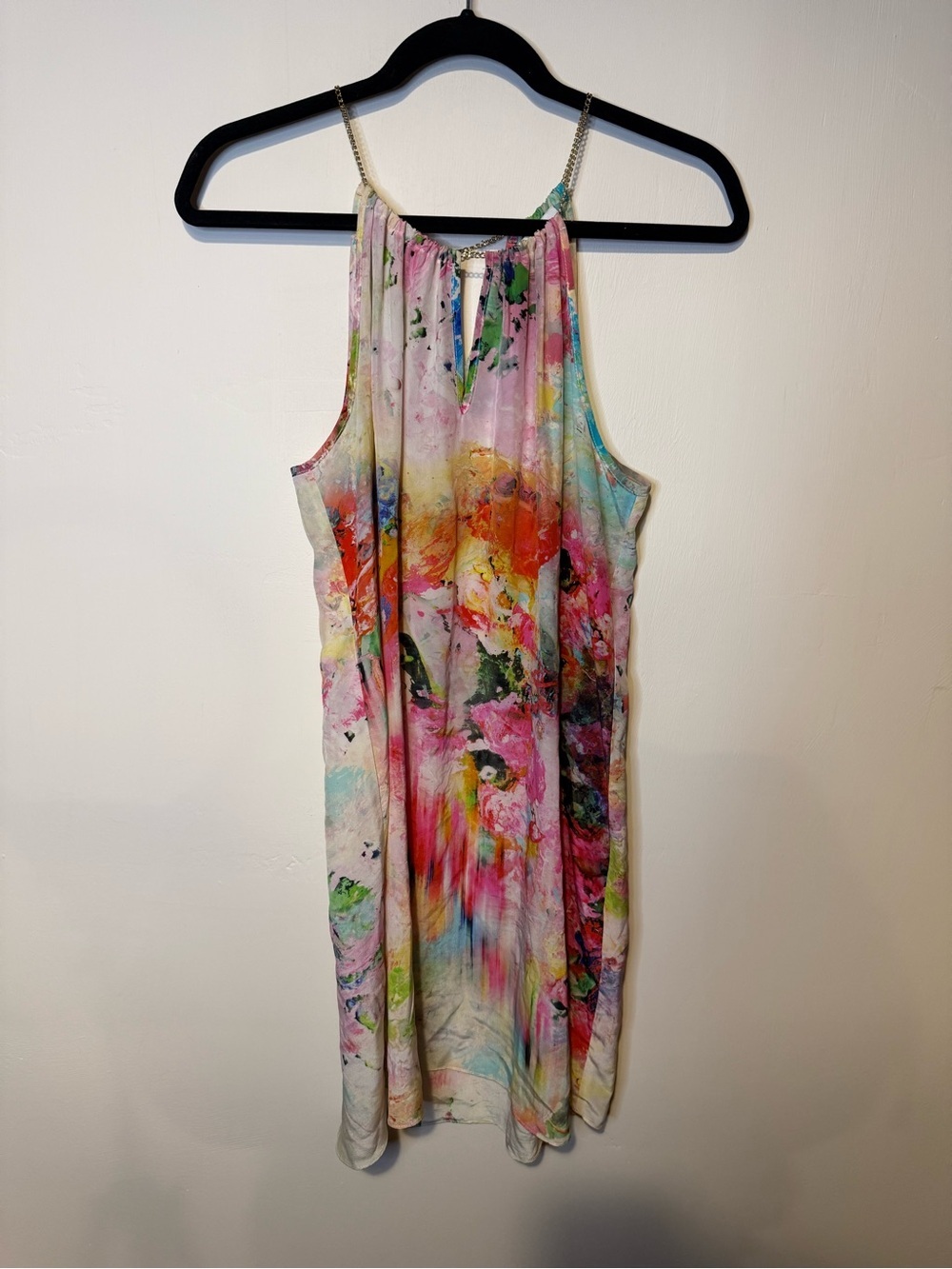 Amanda Uprichard Silk Multi-Color Paint Mini Dress Sz Large Gold Chain